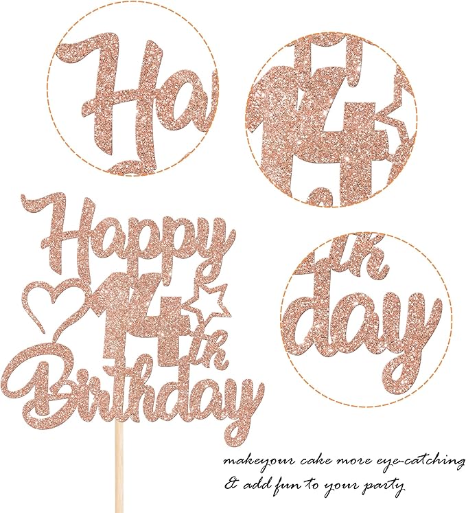 1 Pack Happy 14th Birthday Cake Topper Glitter Heart Star 14 Fabulous Cake Pick Birthday Sign Cake Decorations for 14th Birthday Theme Party Supplies Rosegold
