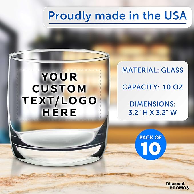 DISCOUNT PROMOS Custom Whiskey Glasses 10 oz Set of 10, Personalized Bulk Pack - Heavy Base Old Fashioned Glass, Perfect for Scotch, Bourbon, Whiskey, Cocktail - Clear Bottom Color