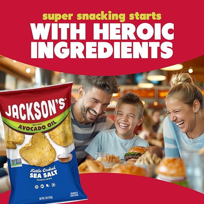 Jackson?™s Classic Kettle Potato Chips (Variety Pack, 5 oz, Pack of 7) - Made with Premium Avocado Oil, Sea Salt, Salt & Vinegar and BBQ Flavors - Allergen-friendly, Gluten Free, Vegan
