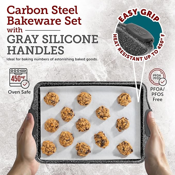 BAKKEN Kitchen Baking Pans - Medium (15.15 × 10.03") and Large (17.1 x 11.8") Nonstick Sheets, Carbon Steel Cookie Sheets with Red Silicone Handles, PFOA, PFOS, PTFE Free, Oven Safe (450°F), Set of 2