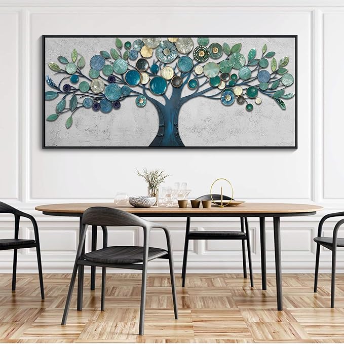 CHATYOUNG Extra Large Wall Art Office - Framed Blue Gold Leaves Gray Background Canvas Print Nature Wall Paintings Artwork for Living Room Bedroom Office Kitchen Home Wall Decor 71"x32"