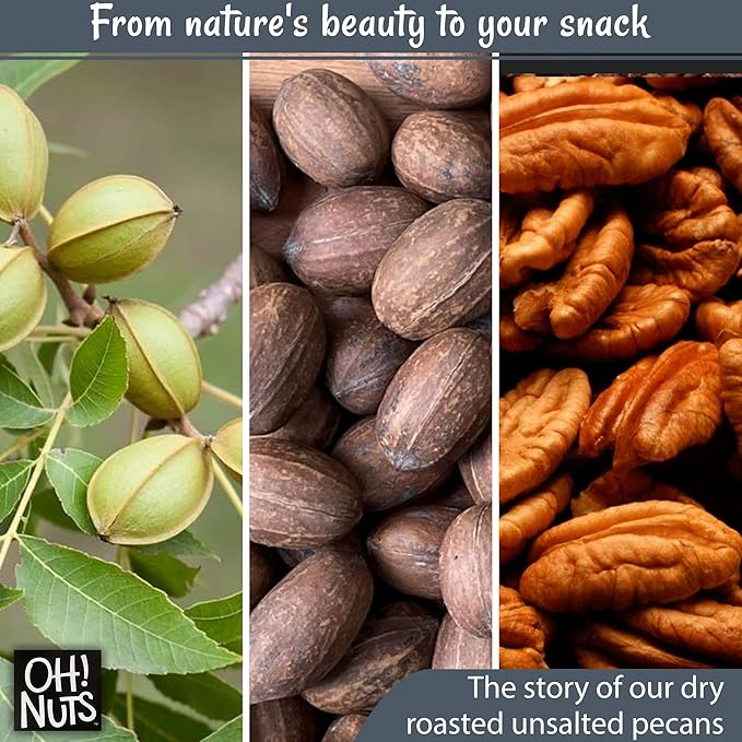 Oh! Nuts Pecans Dry Roasted Unsalted - Kosher, Oil-Free, All Natural Pecans - For Baking, Snacks, Salad, Dressing - Packed in 1 LB Resealable Bulk Bag