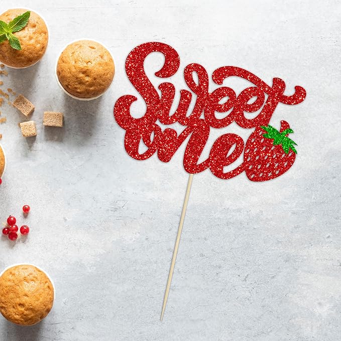 1 Pack Sweet One Cupcake Topper Glitter First Birthday Strawberry Cake Pick for Fruit Baby Shower 1st Birthday Berry Sweet Cake Decorations For Birthday Party Supplies Red