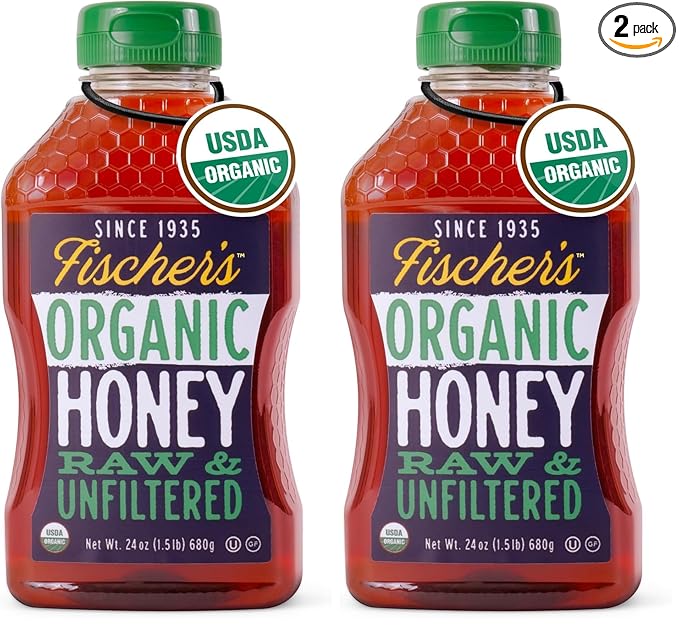 Fischer’s 100% Organic Honey, USDA Certified, 24 oz Squeeze Bottle – Pure, Unfiltered, Raw Honey – All-Natural Sweetener – Rich Flavor Profile, Natural Honey Packed with Nutrients (Pack of 2)
