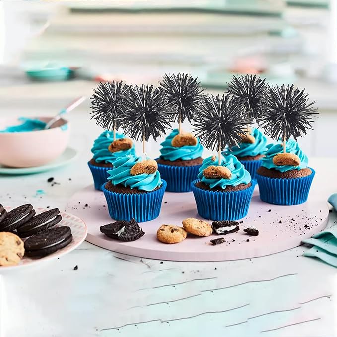 40 PCS Black Foil Firework Cupcake Toppers Sparkle Tinsel Cupcakae Picks Sparkler Fireworks Party Decorations Cocktail Fruit Toothpick for Birthday Wedding Graduation Party Decorations Supplies