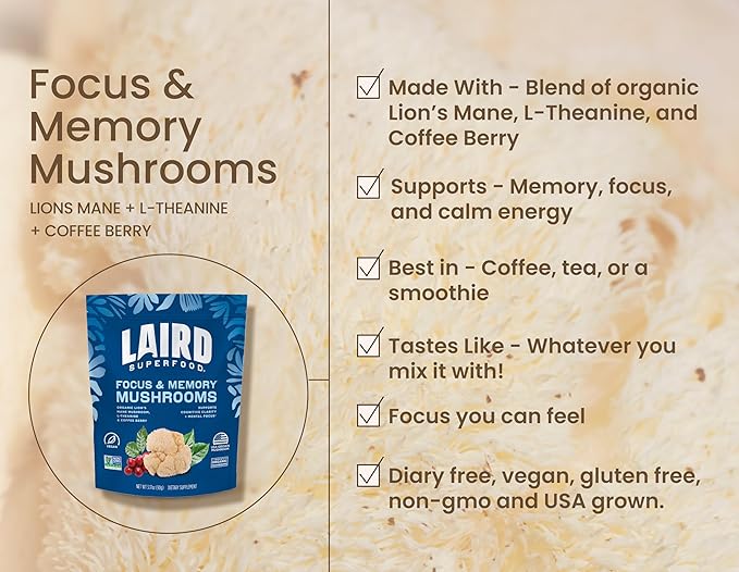 Laird Superfood Organic Focus and Memory Mushroom Blend with Lion?™s Mane, L-Theanine, and Coffee Berry, 3.17 oz. Bag, Pack of 1