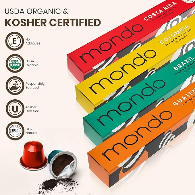 Mondo Nespresso Compatible Aluminum Capsules (40-pack), Variety Pack, USDA Organic, Medium Roast