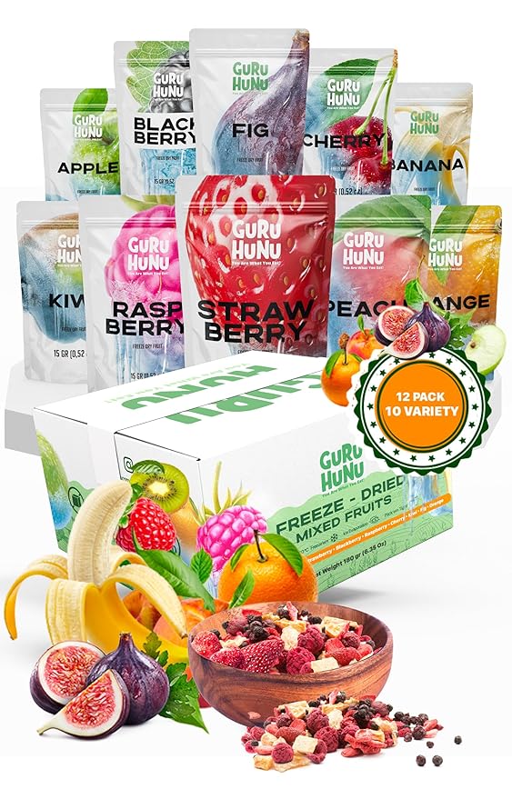 GURU HUNU Freeze Dried Fruit Mix 12 Individual Packs Healthy Fruit Snacks - Variety Pack Dehydrated Fruit Chips Camping Snacks Mixed Fruit - Bulk Dried Fruit No Sugar Added, Dry Fruit Snacks Healthy Gift
