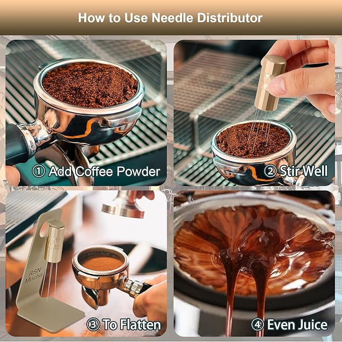 WDT Tool Espresso Distribution Tool, Coffee Distribution Tool with Magnetic Stand, Espresso Accessories with 6 Extra ??.25mm Stainless Steel Needles for Barista (Rich Gold, ??.25mm)