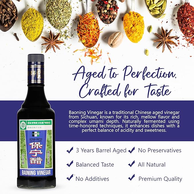 NPG Baoning Vinegar 16.9 Fl Oz, Barrel Aged Black Rice Vinegar, Authentic from Sichuan, Artisan Crafted, Naturally Brewed Chinese Black Vinegar For Dumplings, Xiao Long Bao, Sushi, Salad, Marinade, Stir Fry