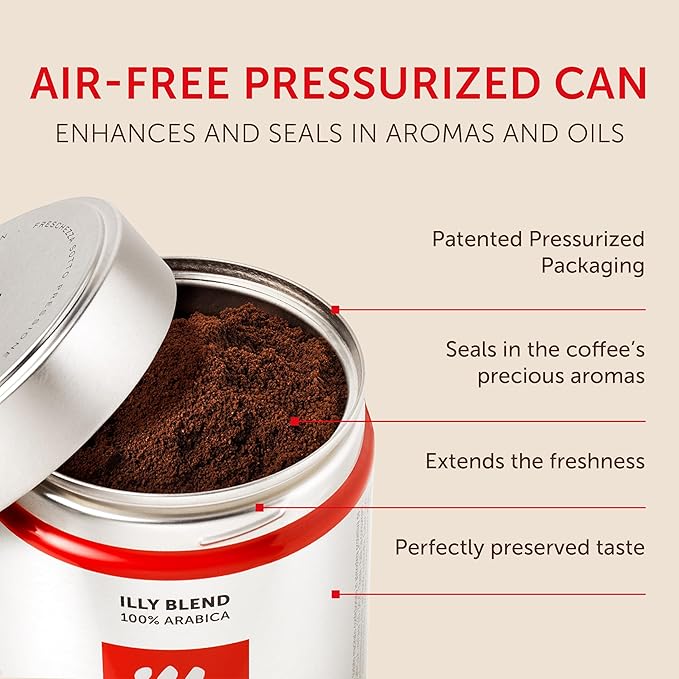Illy Ground Espresso Coffee, Classico Medium Roast - Mild & Balanced - 100% Arabica - Pre-Ground for Espresso - Pressurized Packaging Sealed for Freshness - 8.8oz (Pack of 12)