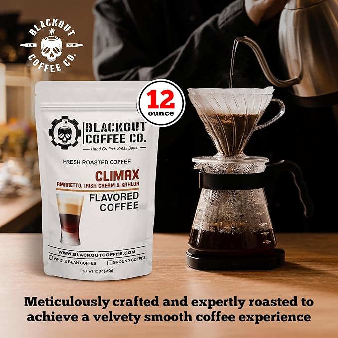 Blackout Coffee Climax Amaretto, Irish Cream & Kahlua Flavored Ground Coffee ??Medium Roast, Smooth Taste, Guilt-Free Indulgence ??Freshly Roasted 12oz Bag, American Made
