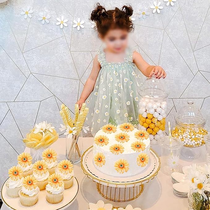 60 PCS Edible Daisy Cupcake Toppers Wafer Paper Flower Birthday Party Decorations Edible Sunflower Cupcake Picks for Baby Shower Spring Wedding Birthday Party Cake Food Decorations Supplies Yellow