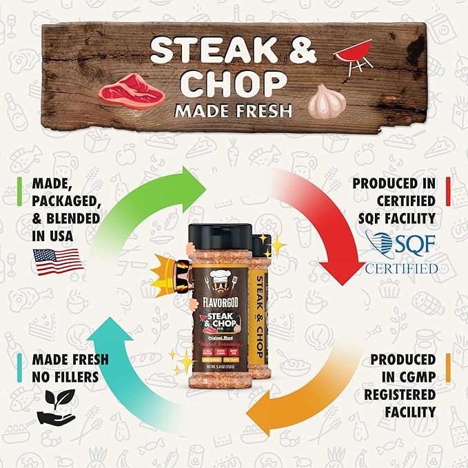 Steak & Chop Rub Seasoning Mix by Flavor God - Premium All Natural & Healthy Spice Blend for Beef, Pork & Vegetables - Kosher, Zero Carbs, Gluten-Free, Vegan & Keto Friendly - Great Flavor Spices and Seasoning Gift