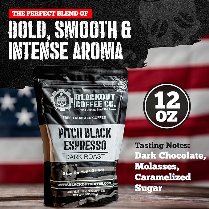 Blackout Coffee Pitch Black Espresso Whole Bean Coffee ??Extra Dark Roast, European-Style, Powerfully Bold ??Freshly Roasted 12oz Bag, American Made