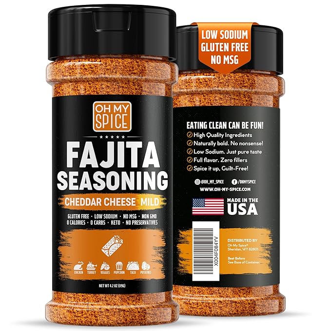 Fajita Seasoning Mix Cheddar Cheese Powder - Gluten Free & Low Sodium Mild Mexican Seasonings Blend for Meat, Vegetables, Steak & Chicken Fajita. Nacho Cheese Powder Fajitas Seasoning Spice. 4.2oz