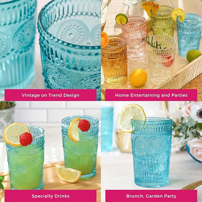 Vintage Textured Aqua Blue Striped Drinking Glasses Set of 6-13 oz Ribbed Glassware with Flower Design | Cocktail Set, Juice Glass, Water Tumbler