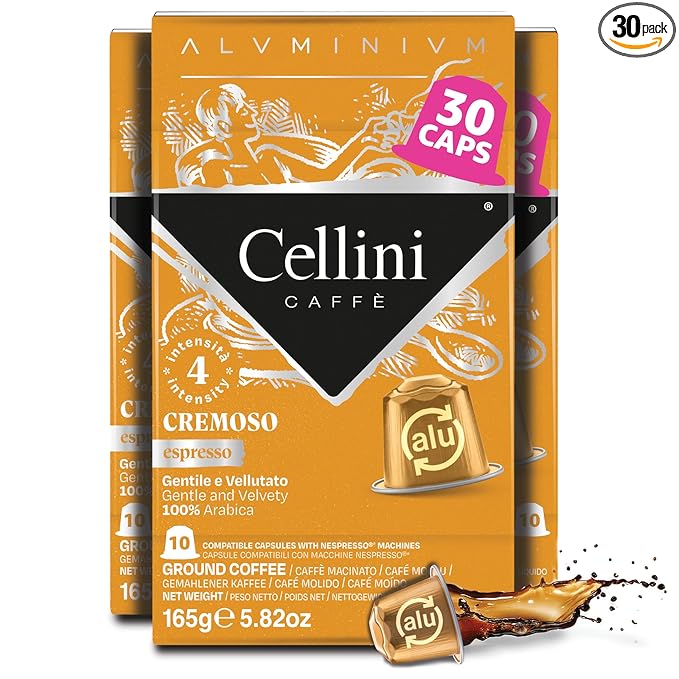 Cellini Caffè Cremoso Aluminum Nespresso Pods, 30 Count, Medium Roast Coffee Capsules, 100% Nespresso Original Machine Compatible