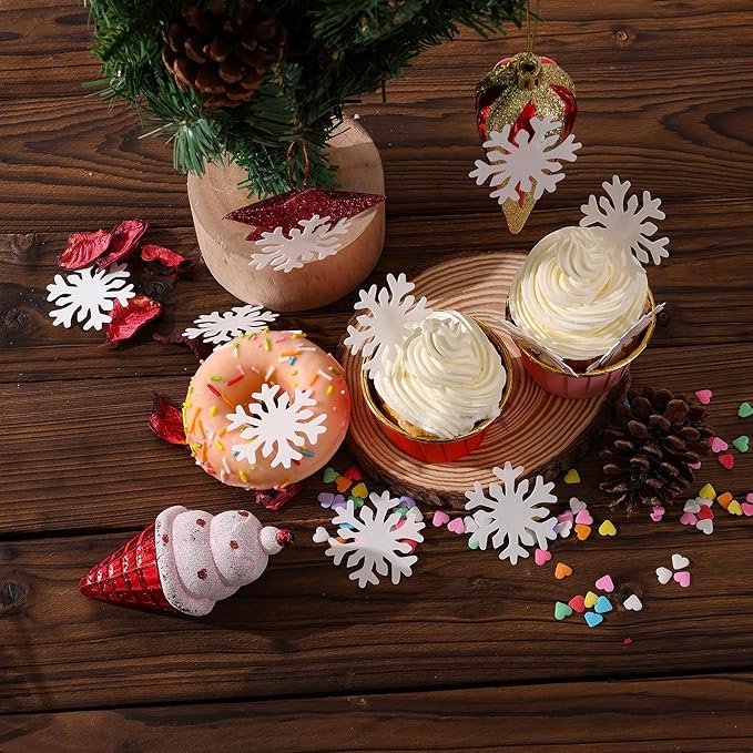 THJ 50PCS Edible Snowflakes Cupcake Toppers - White Snowflakes Cake Decorations Wafer Paper Sprinkles for Christmas Winter Holiday Frozen Theme Party Supplies
