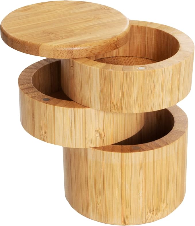 Totally Bamboo Triple Salt Cellar, 3 Tier Bamboo Kitchen Salt and Pepper Storage Box with Magnetic Swivel Lids