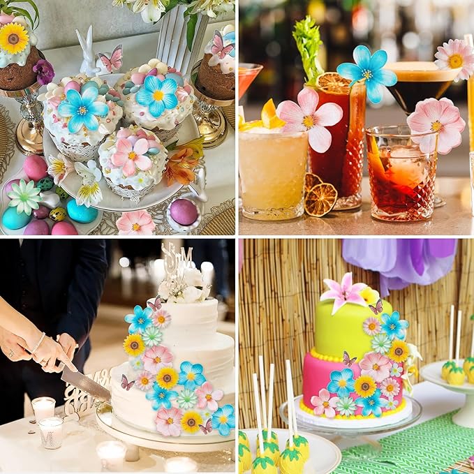 Morofme 55pcs Edible Flower Butterflies Cake Topper Wafer Paper Flower Cupcake Toppers Hawaiian Flower Cake Decorations Mixed Size for Tropical Luau Themed Birthday Baby Shower Party Supplies