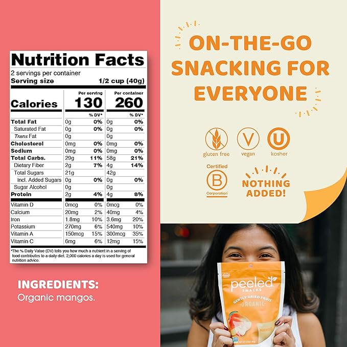 Peeled Snacks Organic Dried Fruit ??Healthy, Vegan Snacks for On-the-Go Lunch and More Mango 2.8 Oz (Pack of 12)