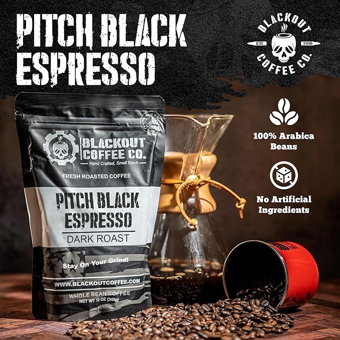 Blackout Coffee Pitch Black Espresso Whole Bean Coffee ??Extra Dark Roast, European-Style, Powerfully Bold ??Freshly Roasted 12oz Bag, American Made