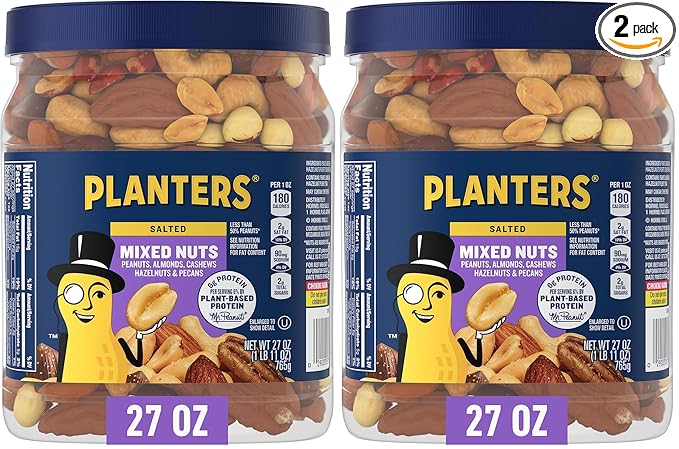 PLANTERS Salted Mixed Nuts, Party Snacks, Plant-Based Protein, 27 Oz Canister (Pack of 2)