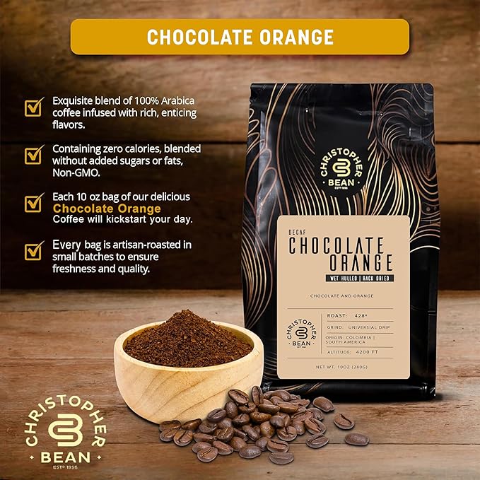 Christopher Bean Coffee - Certified Kosher - Decaf Ground Universal Drip Chocolate Orange Flavored Coffee with Medium Roast | Chocolate Orange Coffee No Sugar with 100% Arabica, No Fats, Non-GMO | 10-Ounce