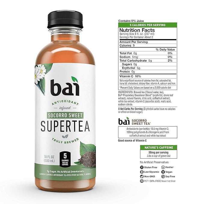 Bai Iced Tea, Socorro Sweet, Antioxidant Infused Supertea, 18 Fluid Ounce Bottle