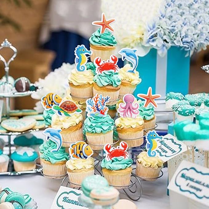 40 Pcs Edible Ocean Cupcake Toppers Ocean Theme Party Decorations Sea Animals Weaweed Party Cake Picks for Kids Under the Sea Baby Shower Birthday Party Supplies