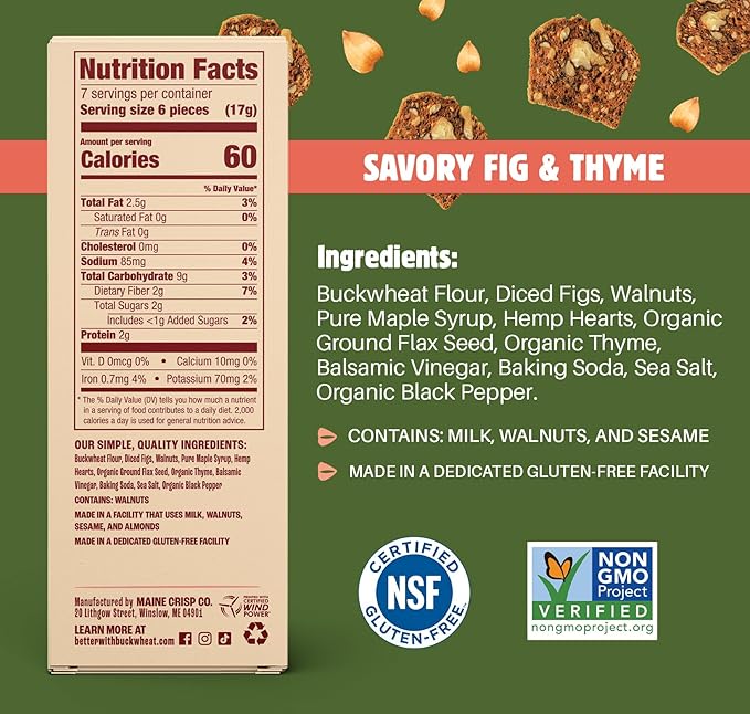 Maine Crisp Savory Fig & Thyme Crisps, 4 Pack, Vegan Gluten Free Crackers - Snack Crackers, Grain Free, Dairy Free, Non-GMO - Sweet & Savory Flavor, For Cheese Boards, Salad Toppings & Jams