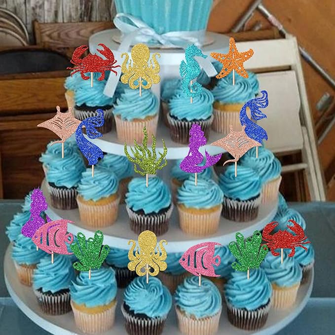 30 Pack Mermaid Cupcake Toppers Glitter Seahorse Starfish Mermaid Tail Cupcake Picks Octopus Jellyfish Mermaid Tail Cupcake Decorations for Baby Shower Under The Sea Birthday Cake Decorations