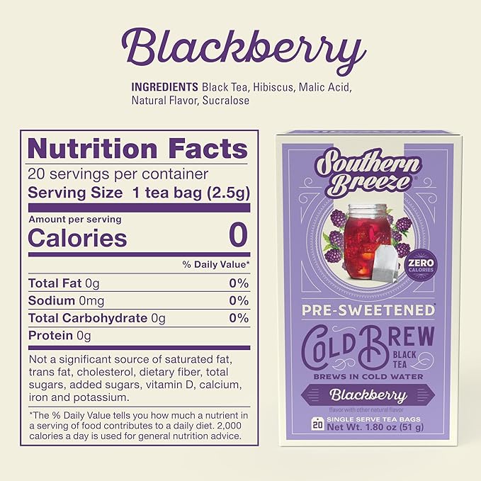 Southern Breeze Cold Brew Sweet Tea Blackberry Iced Tea with Black Tea and Zero Carbs Zero Sugar, 20 Individually Wrapped Tea Bags Southern Sweet Tea Iced Tea Beverage