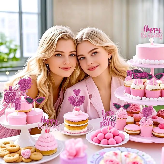 24 Pcs Glitter Princess Cupcake Toppers Pink Girl Cupcake Picks Let's Go Party Lipstick Cake Decorations for Girl Princess Theme Bridal Shower Wedding Birthday Party Supplies