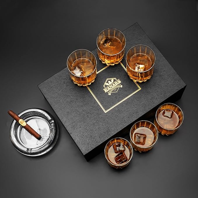 KANARS Crystal Whiskey Glasses Set of 6-10 Oz Rock Glasses in Elegant Gift Box - Bourbon Glass Tumbler for Birthday, Wedding Anniversary, Housewarming and Retirement - Whisky Men Gifts
