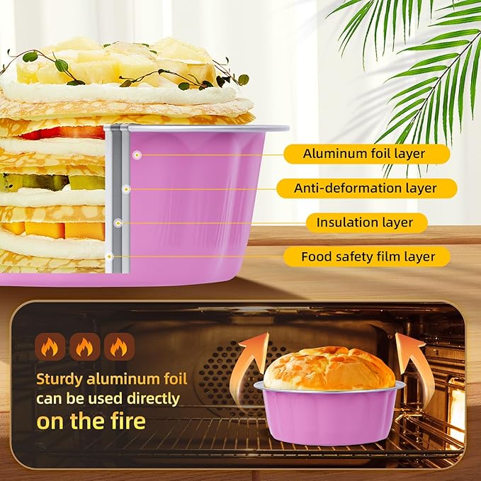 Beasea 8 oz Ramekins with Lids, 120 Pack 8 oz 4 Inch Disposable Mini Pink Aluminum Foil Creme Brulee Baking Cups Small Round Cupcake Tart Pie Tins Pans Individual Containers Oven Safe