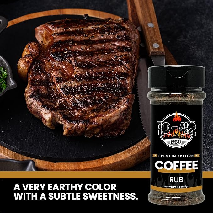 10-42 BBQ Coffee Meat Rub (NO MSG, Low Sodium) 0 Calorie | Premium Edition Steak Seasoning and Dry Rubs | Barbecue Spice Mix for Grilling Meat | Savory Flavor with Incredible Crust | 5 oz