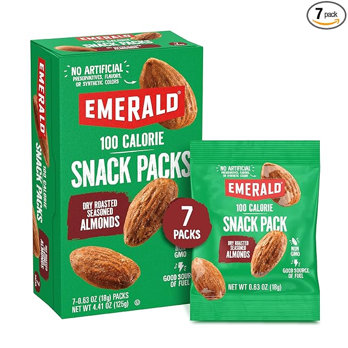Emerald Nuts Dry Roasted Almonds 7ct (1-Pack) | 100-Calorie Individual Snack Packs | Plant-Based Protein, Kosher Certified, Non-GMO | Contains No Artificial Preservatives, Flavors or Synthetic Colors