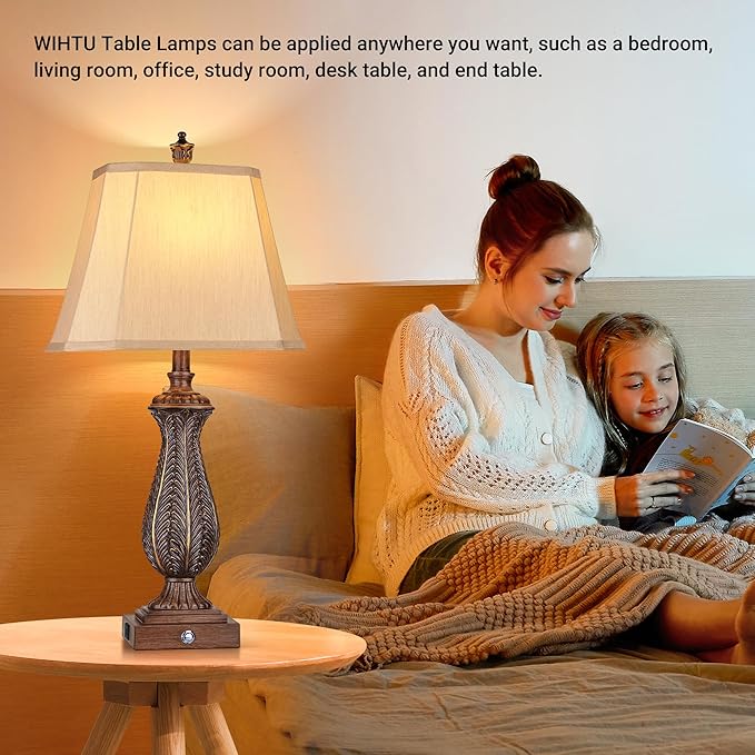 3-Way Dimmable Table Lamps for Bedrooms Set of 2, 30" H Touch Lamps for Living Room with USB & Type-C Ports, Brown Mermaid Bedside Lamp for Nightstand, Resin Farmhouse Rustic Lamp with 2 Bulb