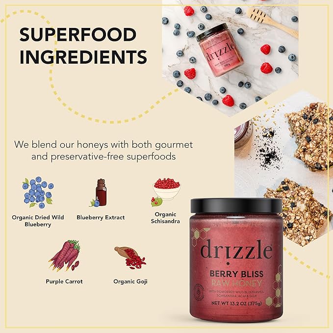 Drizzle Berry Bliss Raw Honey - All Natural Pure Raw Honey with Organic Blueberry, Unfiltered & Unheated, Use in Tea & Coffee, Sugar Substitute, Certified Kosher - 13.2 oz Jar (375 g)