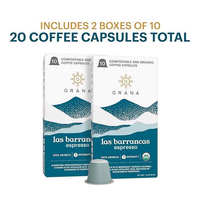 G GRANA Coffee Pods, Compatible with Nespresso OriginalLine, 20 Pack, Dark Roast, USDA Organic 100% Arabica Single Source Specialty-Coffee, Compostable Single Serve Capsules, Las Barrancas