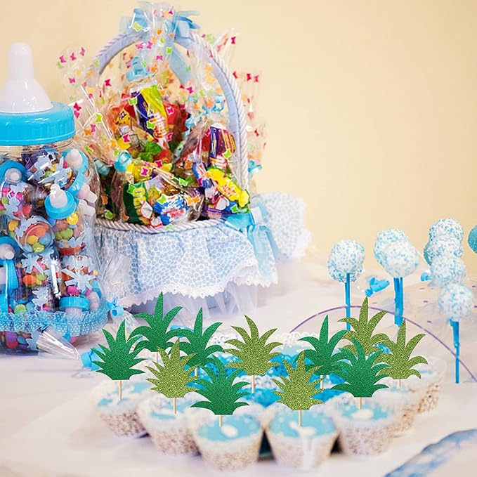 Rsstarxi 30 Pack Pineapple Cupcake Toppers - Green Glitter Donut Pineapple Cute Cupcake Picks - Summer Luau Tropical Hawaiian Cake Decorations for Baby Shower Birthday Party