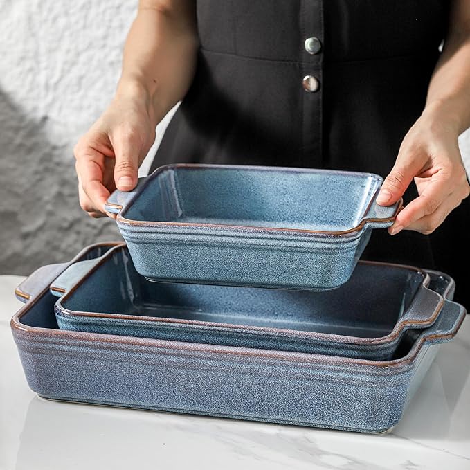 HVH 9x13 Baking Dish Set, Large Casserole Dishes for Oven, Ceramic Bakeware Set of 3, Rectangular Lasagne Pan Deep for Baking (Wabi sabi)