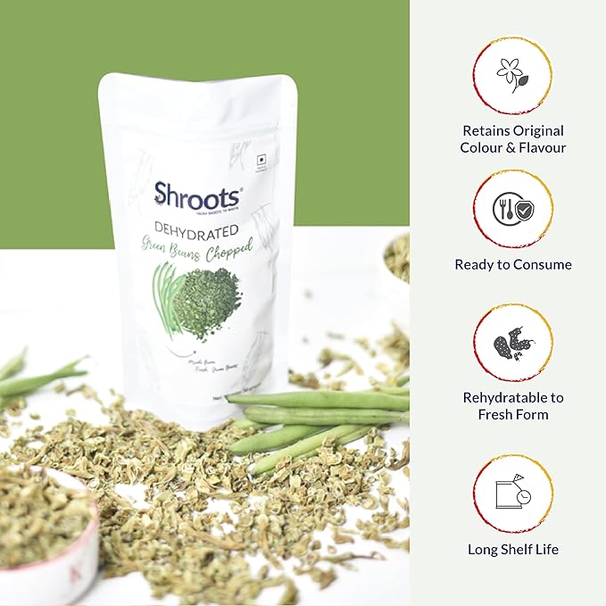 SHROOTS Dehydrated Chopped Green Beans Flakes Pure Vegetarian Gluten-Free No Added Salt Easy Cooking Machine Dry French Bean with Natural Aroma Perfect for Salads or Everyday Meals 1.76 oz, Pack of 1