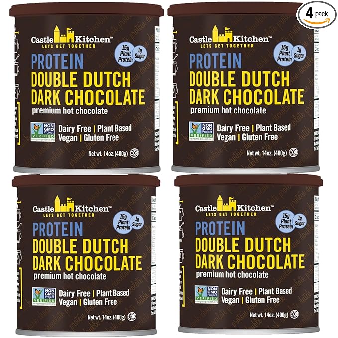 Castle Kitchen Protein Hot Chocolate (4 Pack, 9oz Ea.) - 15 Grams of Plant Protein Per Serving - Great Tasting Vegan Hot Cocoa Mix - Low Carb, Keto Friendly, Gluten & Dairy Free