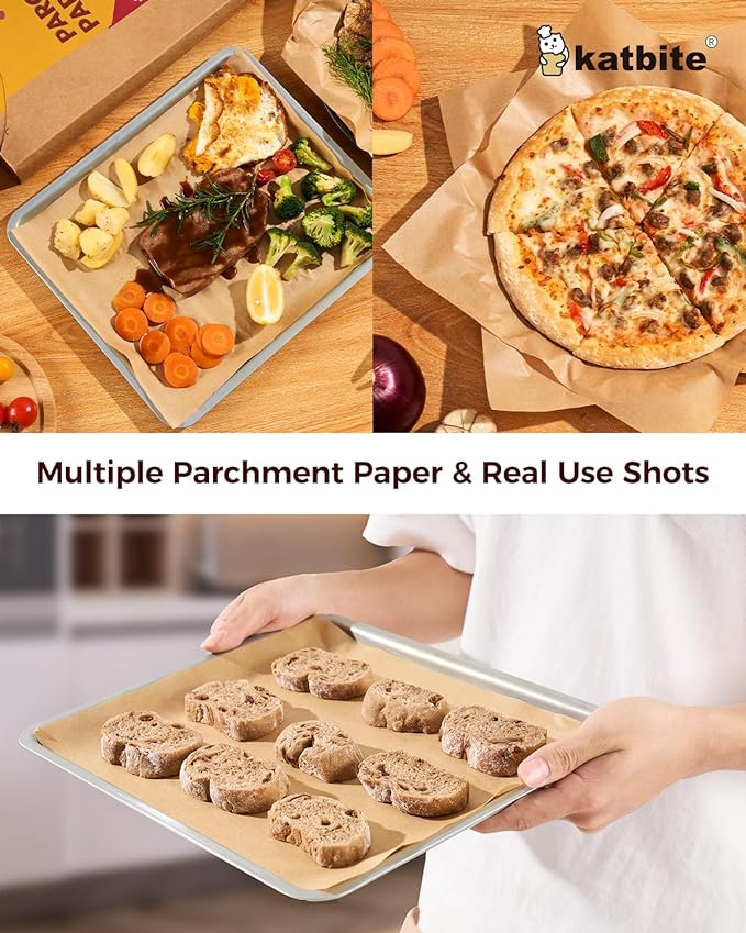 Katbite 200Pcs 12x16 In Unbleached Parchment Paper for Baking, Precut Parchment Paper Sheets, Heavy Duty Flat Baking Paper, Half Sheet Baking Sheets for Baking Cookies, Cooking, Air Fryer, Oven