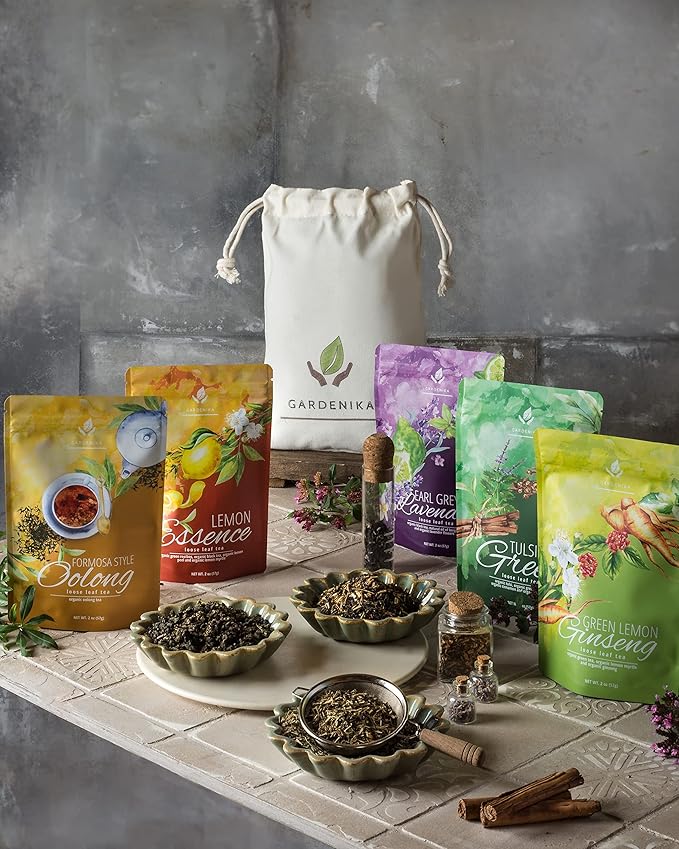 Gardenika Organic Loose Leaf Tea Sampler - Caffeinated - Black and Green Leaves Variety - Kosher, No Natural or Artificial Flavors - 5 Pack