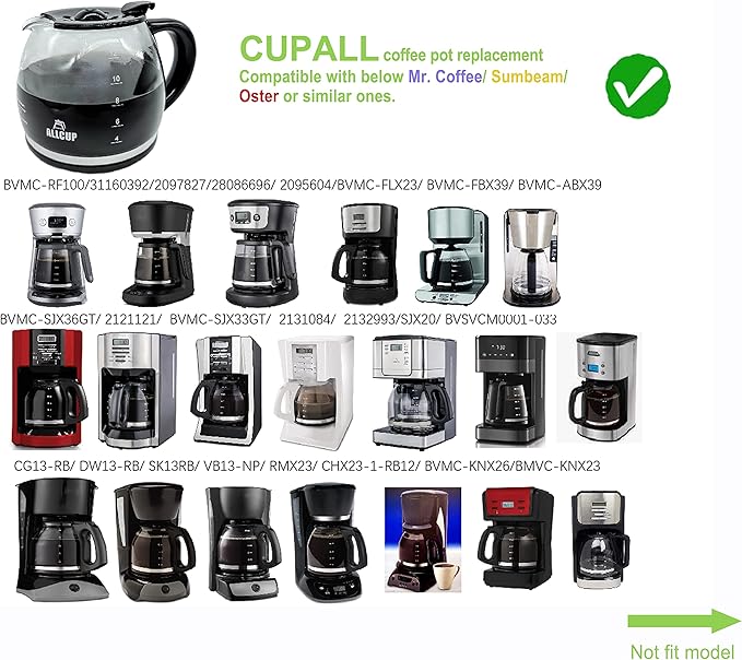 12-CUP Glass Replacement Coffee Carafe Compatible with Mr. Coffee, Black & Decker, Cuisinart and More, Black Close Handle