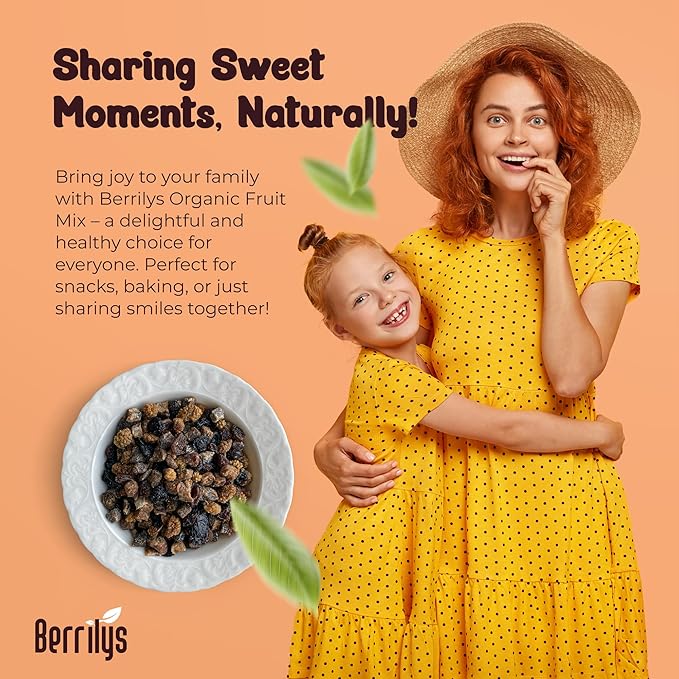 Berrilys Dried Fruit Mix, 2 Lbs, Organic, Diced Figs, Diced Apricots, White Mulberries, Sultanas, Sour Cherries, No Sugar Added, Trail Mix for Baking and Snacking